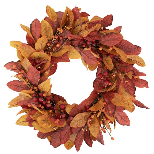 24&#x22; Berries with Leaves Artificial Fall Harvest Twig Wreath